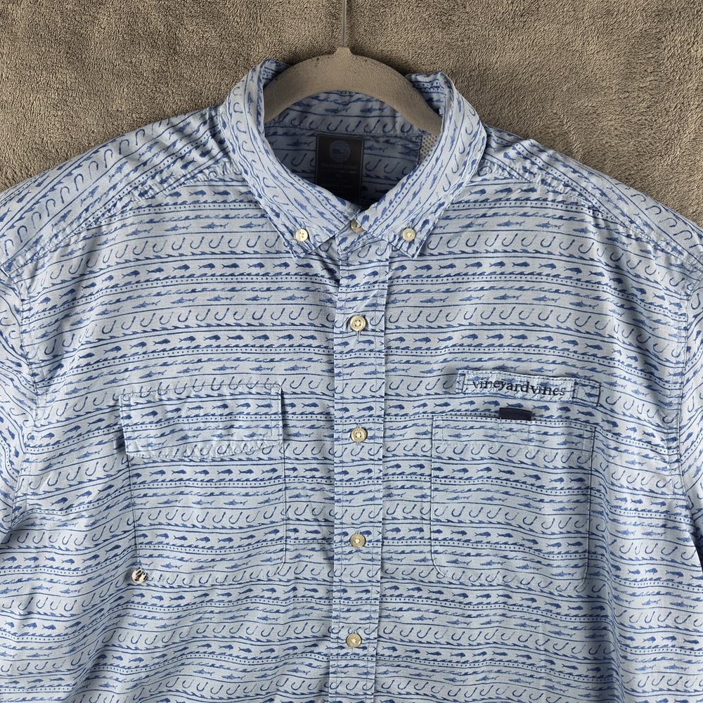 Vineyard Vines Harbor Shirt Blue Fish Print Vented Button up Mens XL
